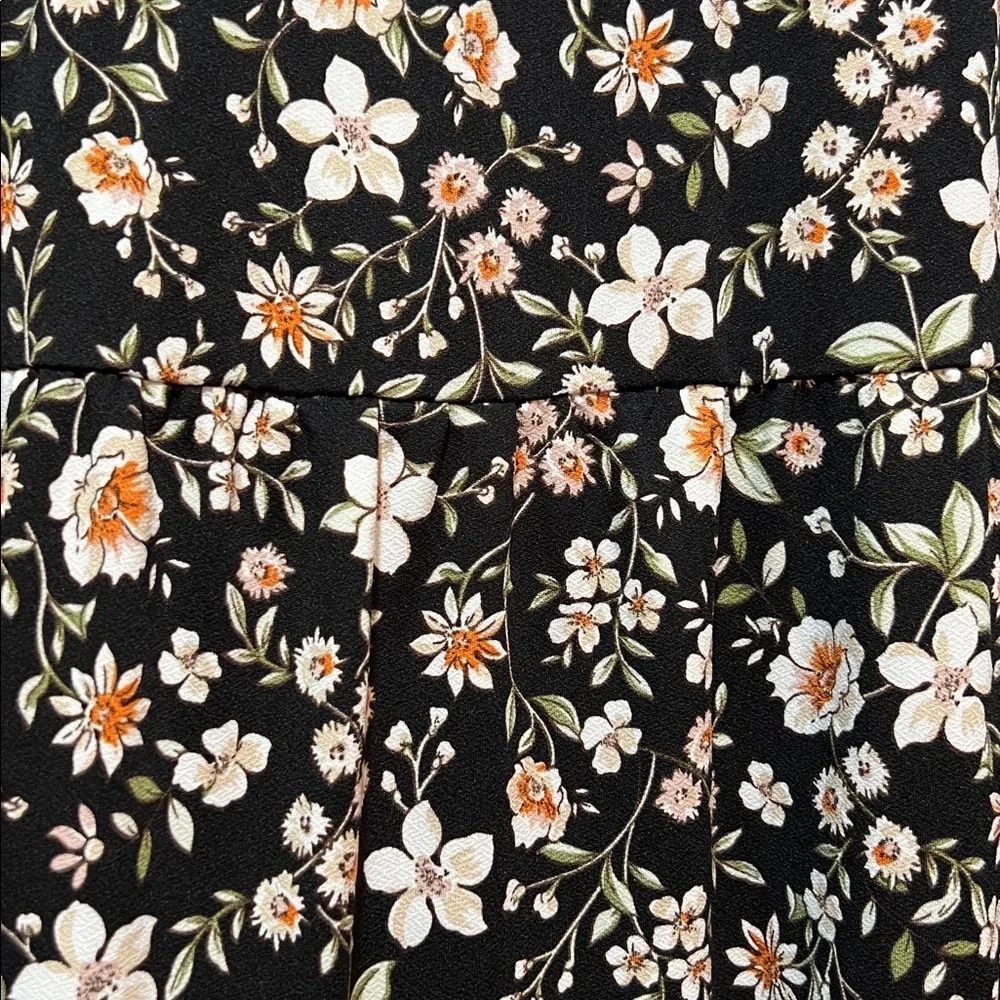 Boho Black Multi Floral Belted Midi Skirt S Tiered Chic Cottagecore Romantic EUC